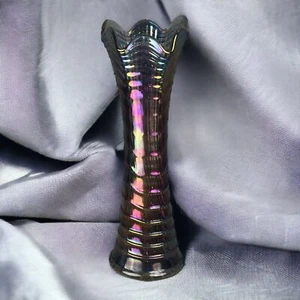 Vintage Electric Purple 12'' Amethyst Carnival Glass Vase Imperial Ripple - Picture 1 of 13