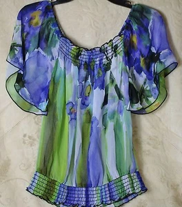 Wrapper Juniors Floral Watercolor S Small Sheer Banded Bottom Top Flutter Sleeve - Picture 1 of 4