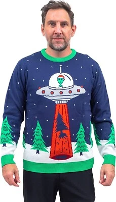 Adult Unisex Funny UFO Alien Tree Abduction Space Ship Ugly Christmas Sweater - Image 1 of 4