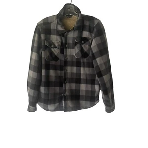 Eddie Bauer Boys Large Grey Black Plaid Fleece Lined Button Up Sweater Shacket - Picture 1 of 10