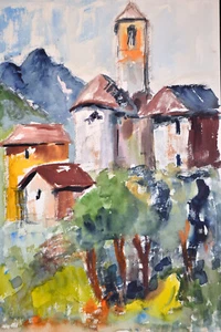 Aquarell,Ulrich,Aquarell,   Dorfansicht mit Kirche - Imagen 1 de 2