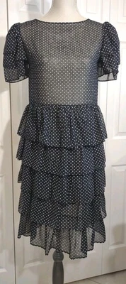 Vtg 1970 S  Tiered Semi Sheer Glam Dress Polka Dot S Knee Length  - Image 1 of 4