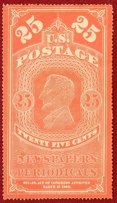 US 1865, #PR3, 25c Orange Red, Mint, NG, Light Thin Spot, SCV 400 - Image 1 of 2