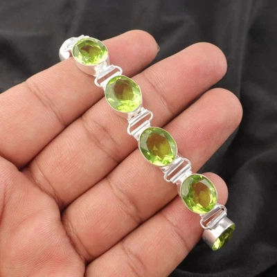 Green Peridot Gemstone Handmade 925 Sterling Silver Jewelry Bracelet Gift For - Image 1 of 3