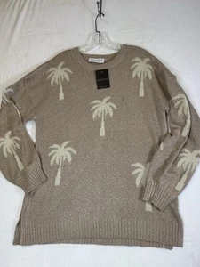 Suéter ligero Impressions para mujer talla mediana beige tejido grueso palmeras blancas - Imagen 1 de 13