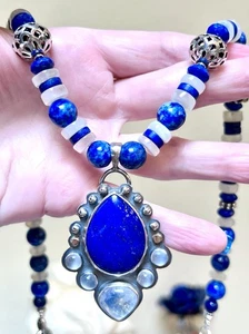 STUNNING Designer Sterling Silver Lapis Lazuli & Rainbow Moonstone Necklace - Picture 1 of 15
