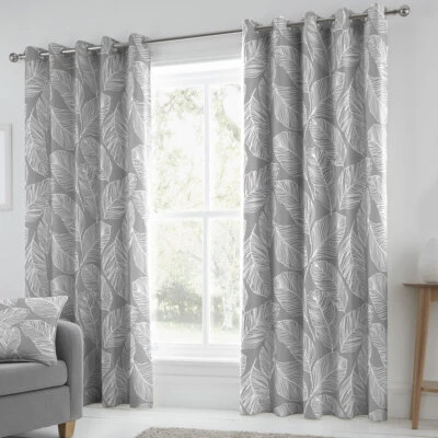 Fusion Matteo Botanical Leaf 100% Cotton Eyelet Lined Curtains Pair Grey - Image 1 of 4