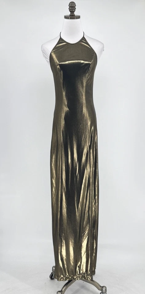Maxi Vestido Plein Sud Dorado Metálico Halter Elastizado Ajustado Sin Mangas Largo Foto 1 de 4