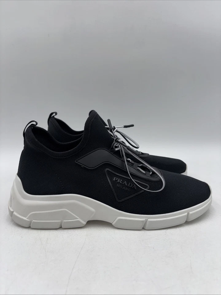 Prada Knit Lace Up Trainer Sneakers - Black/White Canvas Mens Size 38.5. - Image 1 of 4