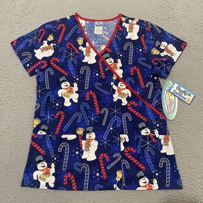 Frosty The Snow Man Scrub Top Womens Small Blue Cherokee Tooniforms NEW - Image 1 of 4