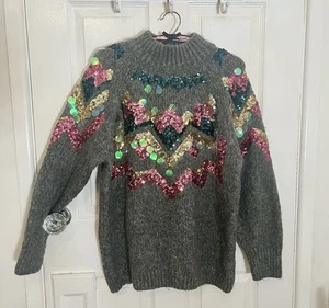F&F Grey Knitted Jumper Knitwear Sequins Long Sleeve Christmas Party Size 14 - Picture 1 of 8