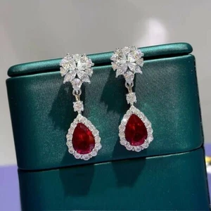 4 Ct Simulated Ruby Halo Drop Dangle Womens Earrings 14K White Gold Plated - Picture 1 of 4