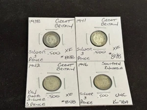 GREAT BRITAIN 1938 TO 1946 SILVER .500 4 COIN PENCE XF / UNC LOT B72 - Picture 1 of 2