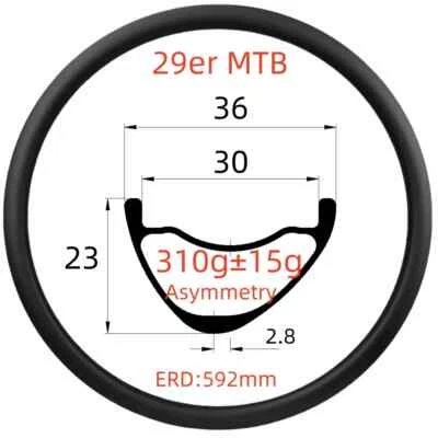 Llantas de carbono para bicicleta MTB 29er 23 mm de profundidad 36 mm de ancho asimetría sin gancho sin cámara  Foto 1 de 4