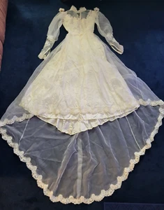 Vintage Wedding Gown Ivory Lace Sleeve High Neck Dress Train Waist 24" Chest 34 - Picture 1 of 24
