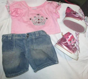 Build A Bear Workshop BABW Glitter Crown T-Shirt Shorts Pink Hi Top Sneakers Set - Picture 1 of 5