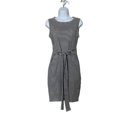 Merokeety Sleeveless Black & White Striped Tie Front Pockets Knee Length Dress S - Image 1 of 4