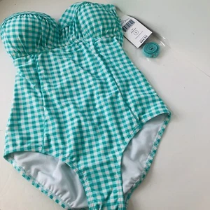 New Lauren James Womens Aqua Mist gingham swimsuit one piece Sz Small NWT - Picture 1 of 8