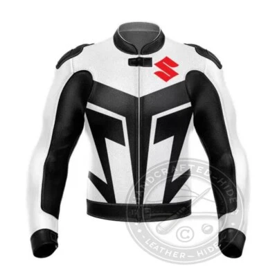 Nueva chaqueta de cuero genuino hecha a mano para hombre blanca negra Suzuki motocicletas carreras Foto 1 de 4