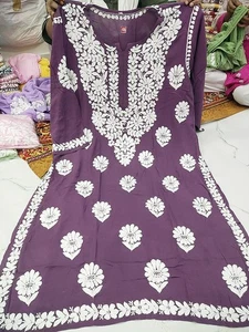 Women Plus Size Modal Chikankari Straight Kurti Ethnic Wear Lucknow Chikan Kurta - Picture 1 of 3