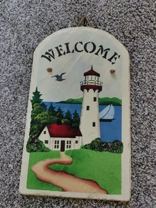 Leuchtturm handbemalt auf Schieferstein "Willkommen" Schild 8,25 x 14,25 - Bild 1 von 3