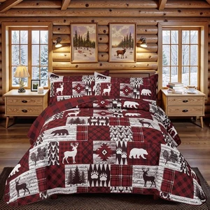 3 Stück Cabin King Size Quilt Sets Weihnachten Rustikal Wende Mikrofaser Sof... - Bild 1 von 8