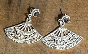 Pendientes colgantes vintage de plata de ley 925 con filigrana floral de ónix negro abanico - Imagen 1 de 6