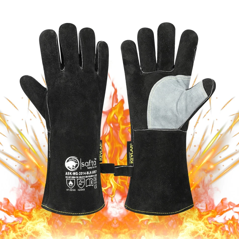 SAFTA SAFETY FOR LIFE Welders Gauntlets Black Extreme Heat Resistant BBQ TIG MIG Welding Gloves 14"