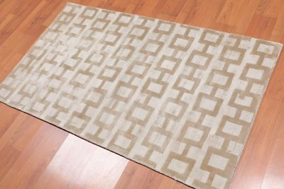 3’ x 5' Handmade Bamboo silk loop & cut pile Traditional Oriental Area rug Beige - Image 1 of 4