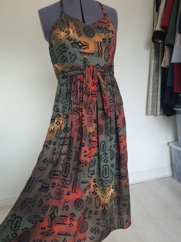 Rare Vintage 70s Mandy Marsh Geometric Aztec Summer Midi Dress Bow Tie 8 10 UK - Image 1 of 4