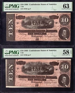 1864 $10 CSA NOTE T-68 MISMATCH SERIAL NUMBER ERROR PMG CU 63 W/BOOKEND AU 58 Q - Picture 1 of 6