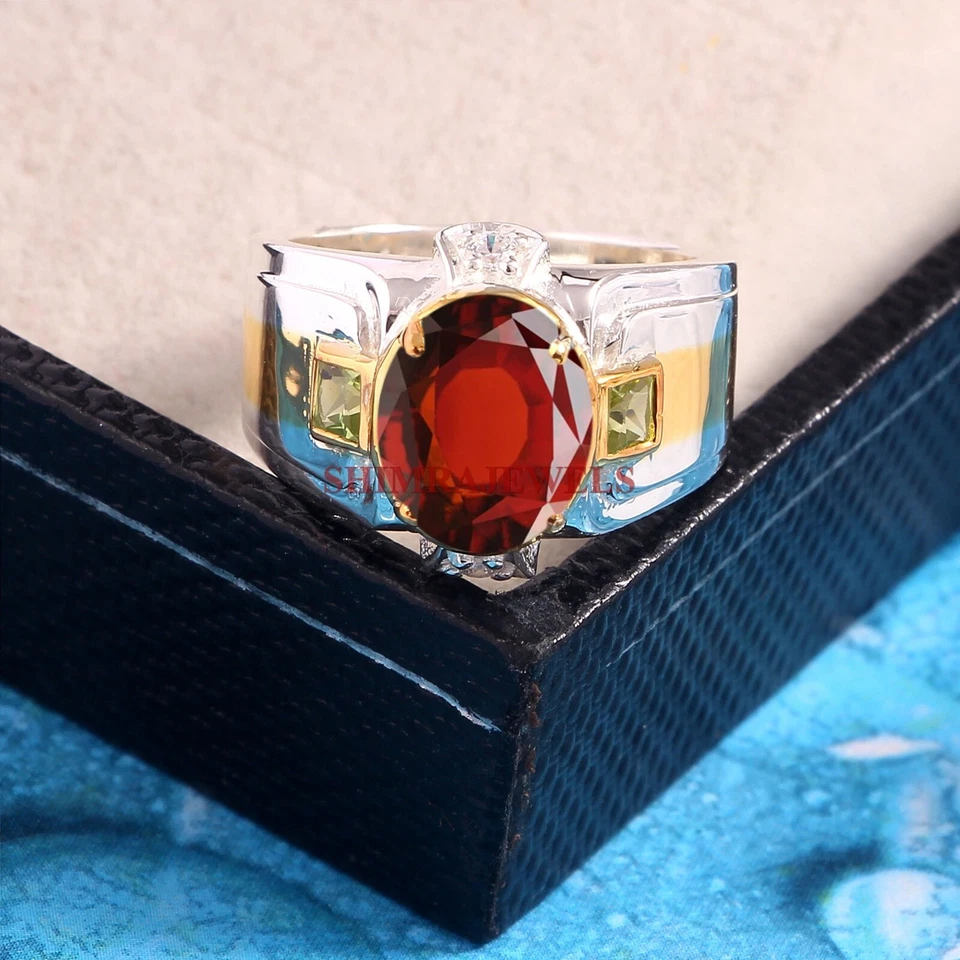 Grossularia Granato & Peridoto Con Placcato Oro Bianco Anello Argento per Uomo # - Immagine 1 di 4