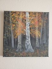 Handmade Acrylic Painting Wooden Frame 10x10 Art Decor Night Forest Birch Autumn