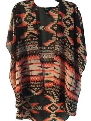 Rue 21 Duster Kimono Small Cover Up Southwest Chiffon Boho Festival Orange Brown - Image 1 of 4