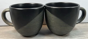 Pfaltzgraff Night Surf Black 16oz Coffee Mug 2007 Solid Black Ribbing Set of 2 - Picture 1 of 9