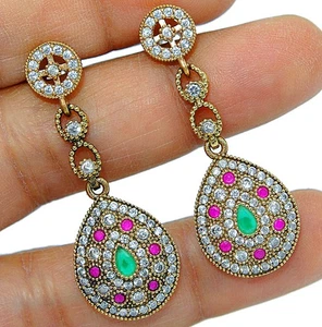 Ohrringe Osmanisches Empire Stil 4 kt behandelter Rubin & Topas 925 Sterlingsilber S3-1 - Bild 1 von 2