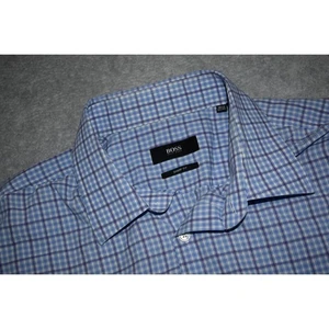 Boss Hugo Boss Dress Shirt Mens Size Large Slim Fit Blue Plaids Cotton Button Up - Picture 1 of 6