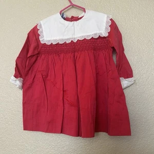 abito vintage polly flinders smocked rosso bianco colletto manica lunga pizzo T2 - Foto 1 di 5