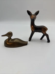 VTG Brass Duck & Fawn Figurine Paperweights Small Hunters Desk Office Decor - Picture 1 of 12