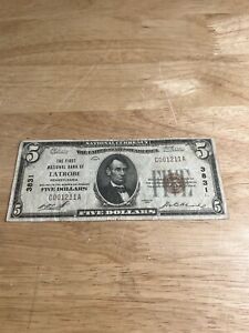 1929 Circulated National Currency 5 Dollar Bill Latrobe PA