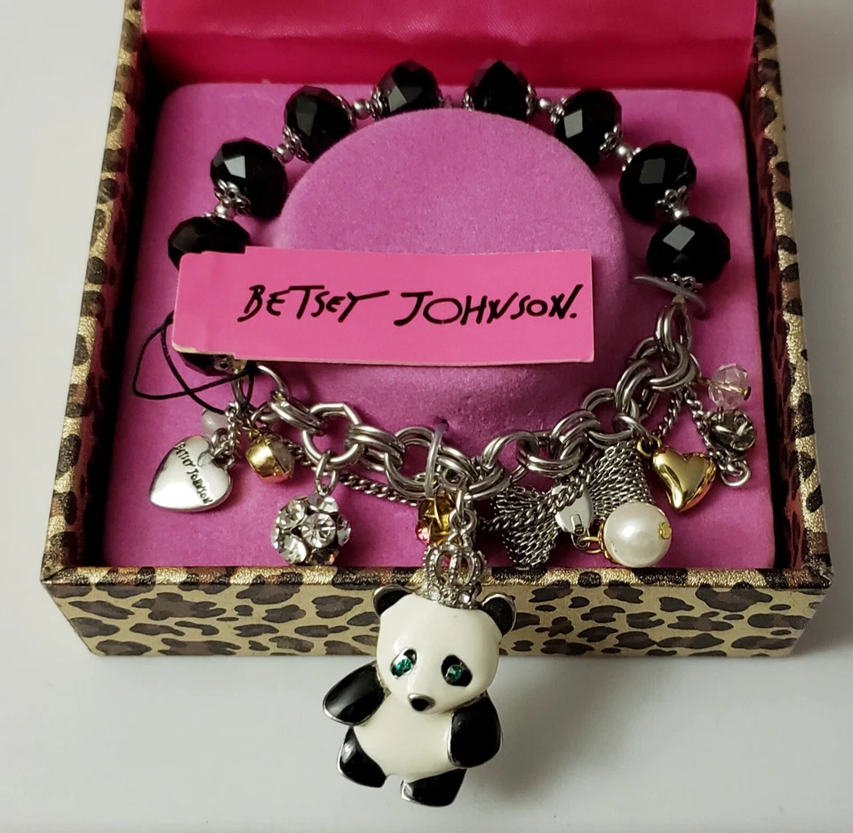 NUEVO Betsey Johnson Oso Panda, Cuentas Facetadas Negras, Pulsera con Dije de Estrás Foto 1 de 1
