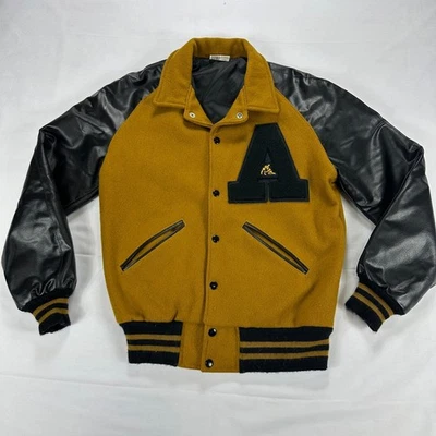 Vintage Howe Athletic Varsity Jacket Mustard Wool Black Vinyl Sleeve Size 38 USA - Image 1 of 4