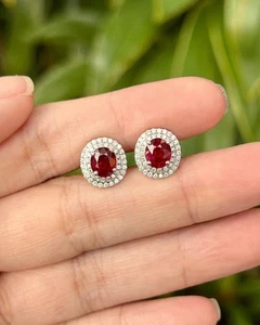 5.20 Ct Oval Ruby & Moissanite Stud Earrings 14k White Gold Over - Picture 1 of 8
