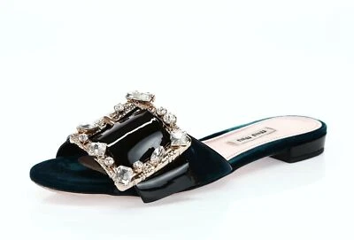 Toboganes de terciopelo verde azulado oscuro adornado con cristal Miu Miu para mujer talla 37,5 233987 Foto 1 de 4