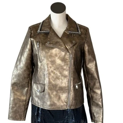 NWT BACCINNI Faux Leather Gold  Metallic Studded Collar Line Vintage Look Jacket - Image 1 of 4