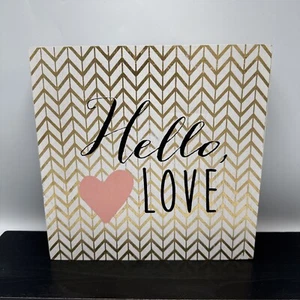 Farmhouse Home Decor Sign "Hello Love" - 10x10 Chevron Gold Pattern Pink Heart - Picture 1 of 7