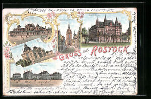 Lithographie Rostock, Central Bahnhof, Ständehaus und Stadttheater 1899 