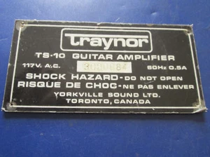 Vintage '60s-70s Traynor Canada TS-10 Guitar Amp Amplifier BACK MODEL PLATE ! - Picture 1 of 3
