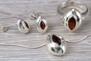 Juego completo de regalo de joyería granate corte marquesa natural en plata de ley - Imagen 1 de 8