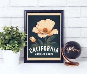 Matilija Poppy, California Flower in Retro Style, Poster Print, Wall Décor - Picture 1 of 6
